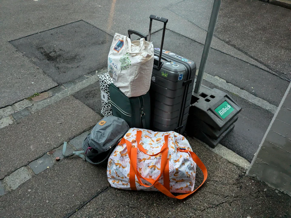 Photo of two suitcases, two large travel bags, two backpacks, and another small bag