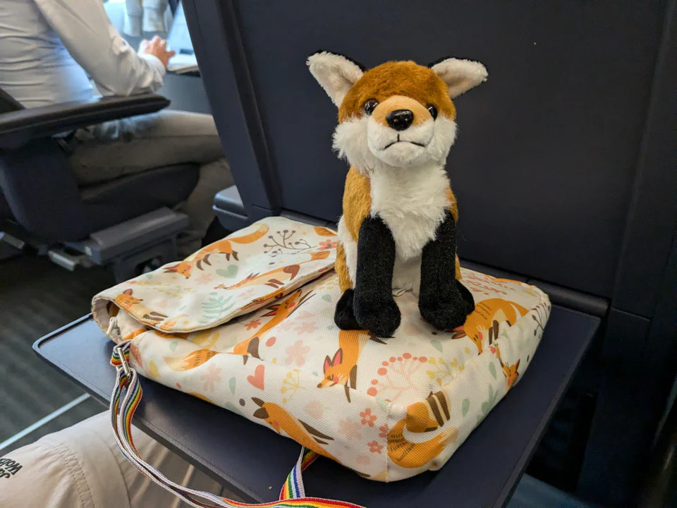 Photo of a little red fox plush sitting on a train seat table