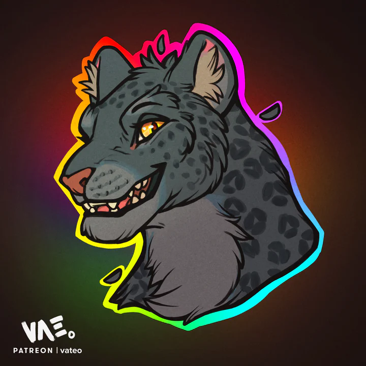 Digital bust of a smiling anthropomorphic jaguar with dark gray fur and golden eyes, with a bright rainbow-colored outline.