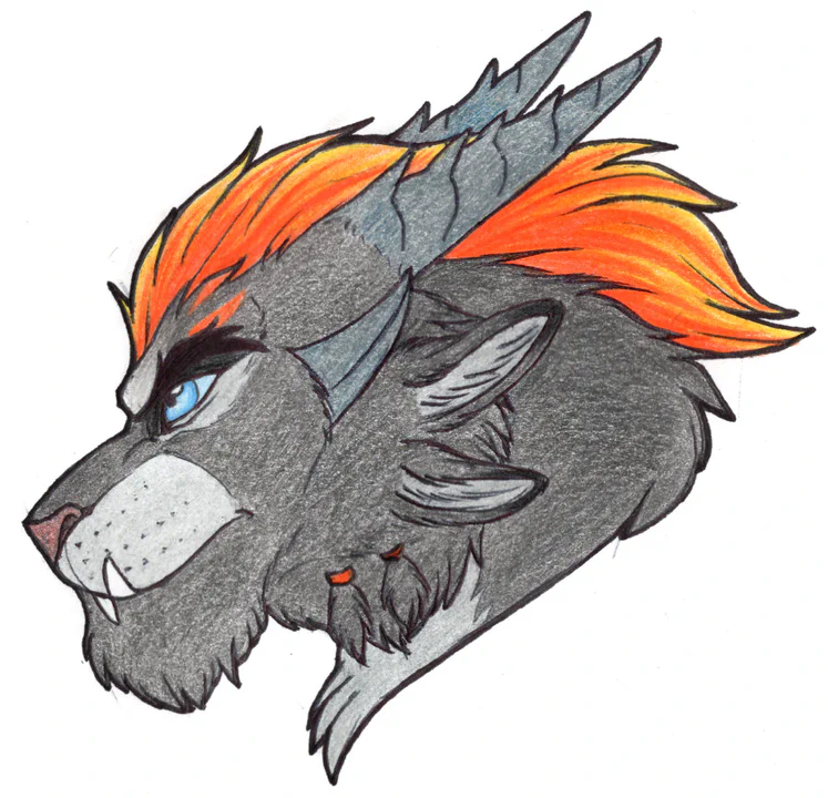 Traditional color drawing featuring a charr in side view with a determined look. He has dark gray fur, a light gray muzzle, an orange mane, and blue eyes.