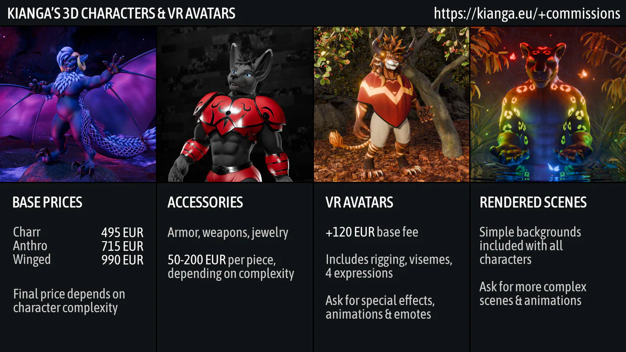 Commission price sheet with recent art examples - purple wyvern with glowing metallic scales, a gray jackal with shining red steel armor, a charr with a long red tunic and beige pants, and a rendered scene featuring a black jaguar with glowing rainbow spots, meditating in a jungle. Base prices: charr 495 EUR, anthro 715 EUR, winged 990 EUR, final price depends on complexity. Accessories: armor, weapons, jewelry, 50-200 EUR per piece, depending on complexity. VRChat avatars: +120 EUR base fee, includes rigging, visemes, four expressions. Ask for special effects, animations & emotes. Rendered scenes: simple background included with all characters. Ask for more complex scenes & animations.
