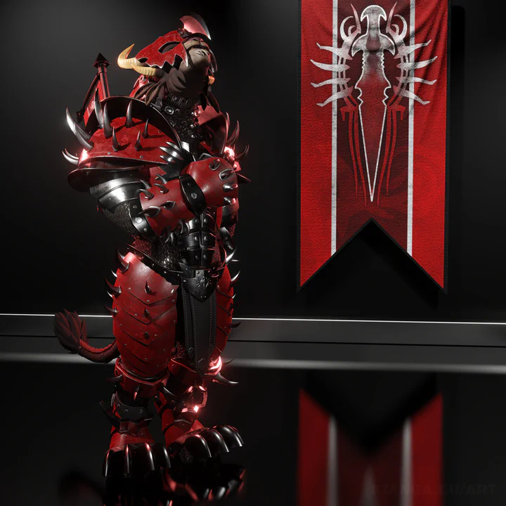 3D render of a male charr soldier in full steel armor, saluting next to the banner of the Blood Legion (white sword on a red background).
