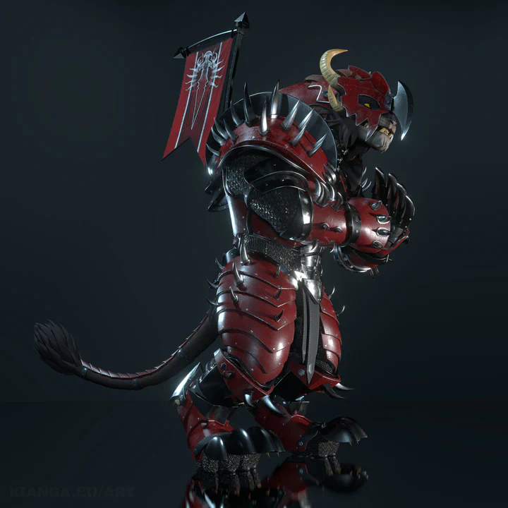 3D render of a charr with full steel Blood Legion armor against a dark gray background. He’s smashing his fists together as if things are about to get serious.
