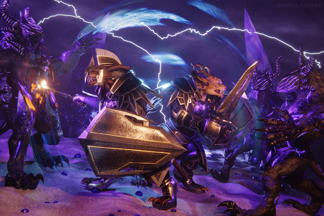 3D rendered battle scene featuring two charr, Ripa Soulkeeper and Almorra Soulkeeper, fighting a horde of Branded charr in a desert environment, with a dark purple sky and lightning in the background. They're both wearing full steel armor of the Vigil, wielding short swords and large shields. A magical blue shield surrounds them, and Ripa is striking at one of the Branded with his sword, snarling.
