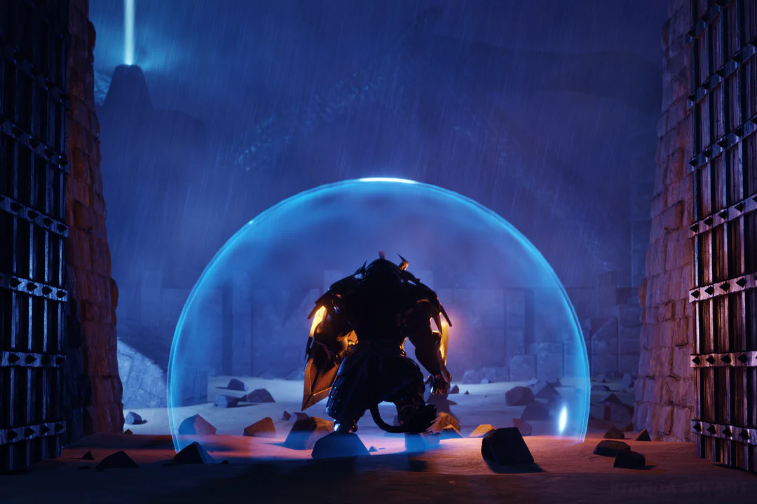 3D render of an armored charr guardian, viewed from the back. It is night time, and he's a dark silhouette guarding a large steel gate with a magical blue shield surrounding him. Beyond him there's a battlefield shrouded in mist, with a bright beacon in the distance lighting up the sky. You can just barely make out the outline of an enormous dragon wing hovering over everything.
