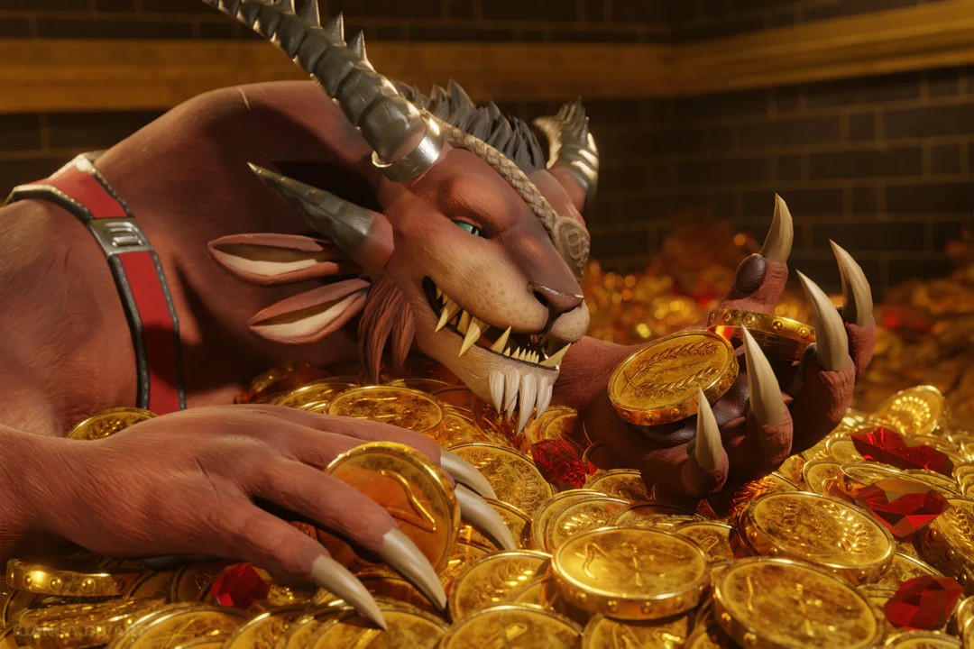 3D close-up render of a male charr with brown fur, one turquoise eye, and a brown eye patch, lying on huge pile of gold coins and ruby gems. One of the palm-sized coins is in his left hand, and he's looking at it with pure bliss.
