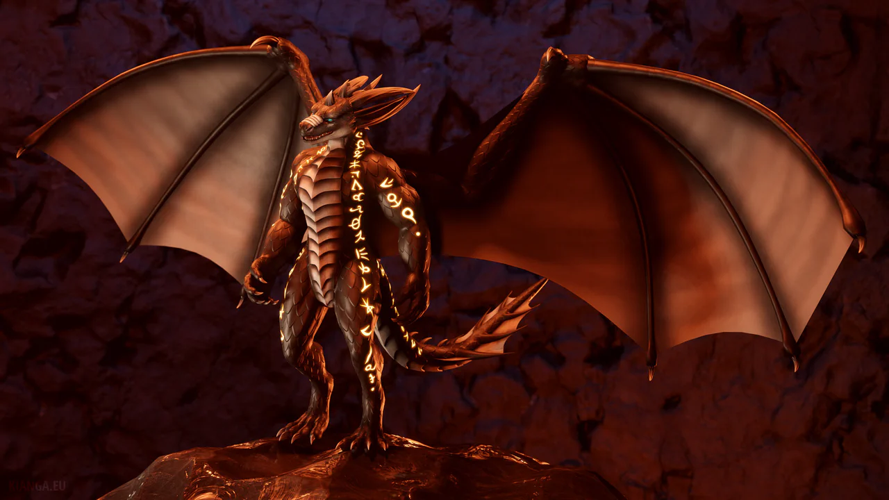 3D render of a bipedal dragon standing in a cavern with wings extended. Fiery light illuminates him from below. His body is covered in glossy black scales, with a row of larger sharp light gray scales on his chest. Magical symbols run from his neck to his legs and also along his tail, glowing with a golden light.