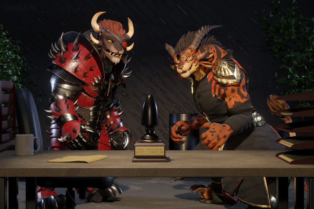 3D render of my charr warrior Kianga Snowstorm, and my patron’s charr elementalist, Ignado Flaredancer in a modern-day office environment at night. Both are in their battle outfits and facing each other as if in combat. The viewer is behind a desk with an “employee of the month” trophy sitting on it that is suspiciously shaped like a butt plug. Both charr are staring at it—Kianga with a horrified expression, Ignado with a mischievous smirk. The scene is a recreation of a similar scene from the movie “Everything Everywhere All at Once”.