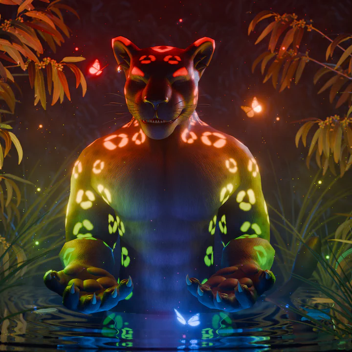 3D night-time render of an anthropomorphic jaguar with black fur and glowing rosettes that run down the the sides of his body in rainbow colors. He is standing in pool of water that reaches up to his waist, surrounded by glowing particles and butterflies matching his rosettes, with trees and long grass in the background.
