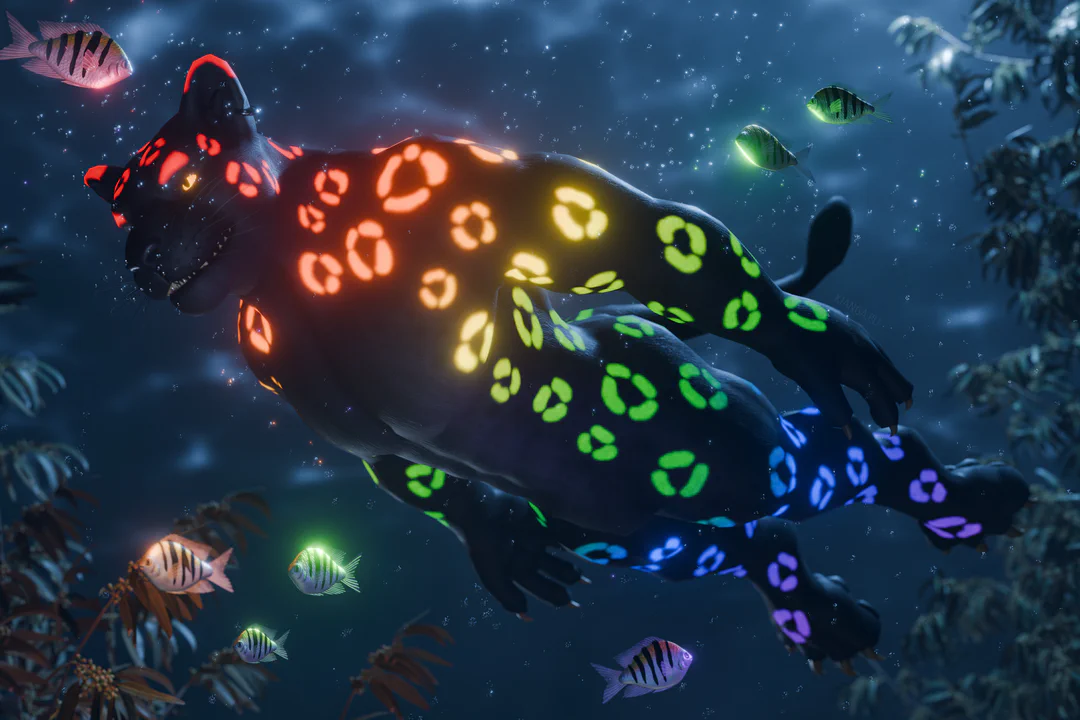 3D render of an anthropomorphic black jaguar with bright glowing rainbow spots, swimming through an underwater environment dimly lit with blueish light. A couple of fish are swimming near him, illuminated by his glowing spots.
