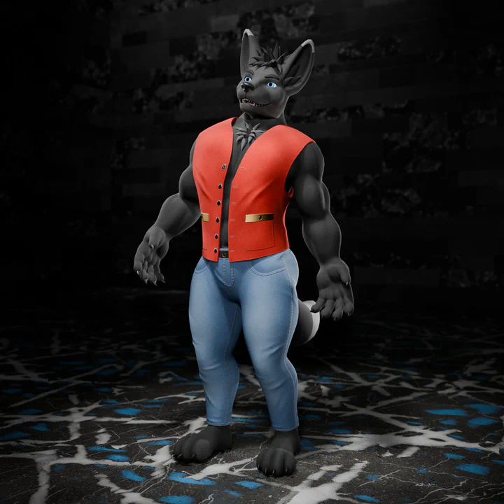 3D render of an anthropomorphic jackal with gray fur and blue eyes, wearing blue jeans and a red vest with golden accents
