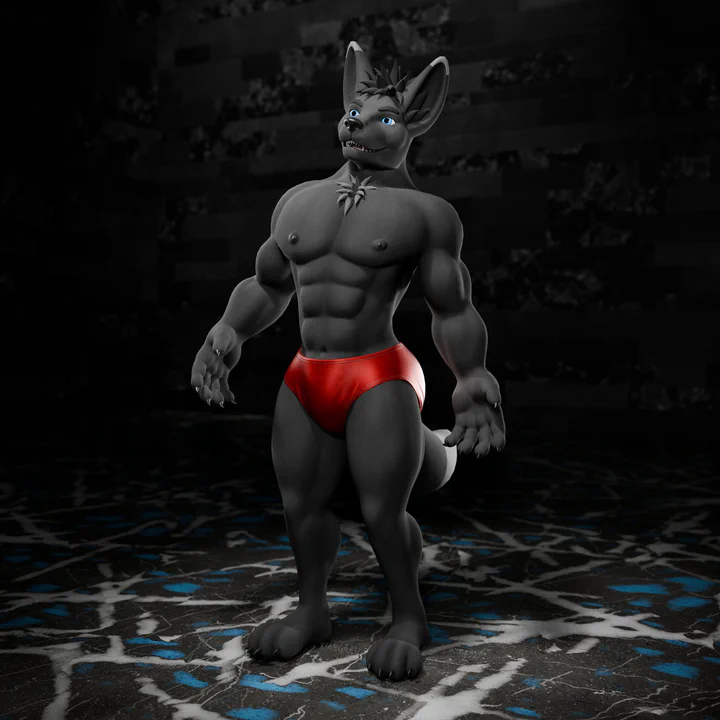 3D render of an anthropomorphic jackal with gray fur and blue eyes, wearing red swim briefs
