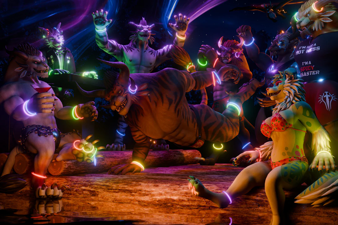 3D render of a nighttime scene with eight anthropomorphic characters on a wooden raft, illuminated in vibrant colors under a starry sky. All of them are wearing colorful glow rings around their wrists, ankles, and horns. Huxley, a male wolf-husky wearing headphones, standing on a raised platform behind a DJ table. Storm, a male charr with white fur and black tiger stripes standing next to Huxley, both hands raised channeling colorful magic. Ferox, a large male tiger-striped charr with brown fur wearing only a steel jockstrap, breakdancing in the middle of the raft. Drizzlebone, a male charr with gray fur, sitting to the left and enjoying a drink. Laelia, a female collie with a green and yellow fur pattern wearing a pink bikini sitting on the right, watching Ferox with her feet dangling above the water. Kianga, a male charr with brown fur and a red eye patch wearing red swimming trunks standing behind Ferox, clapping for him. Zurena, a female charr with brown fur and a steel eye patch, right fist raised, also cheering for Ferox. Garro, a large male charr with yellow fur standing on the right with his hands on his hips, watching Ferox. And finally there’s Seraphis, a large black dragon with glowing golden runes, visible in the background against the sky, flying towards group and probably about to “crash” the party.
